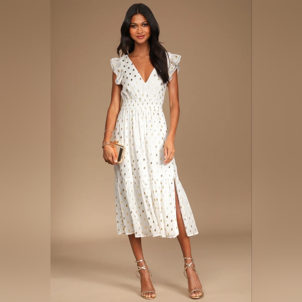 NWOT Lulus Gold Polka Dot Cause to Celebrate Ruffled Tiered Daytime Midi Dress